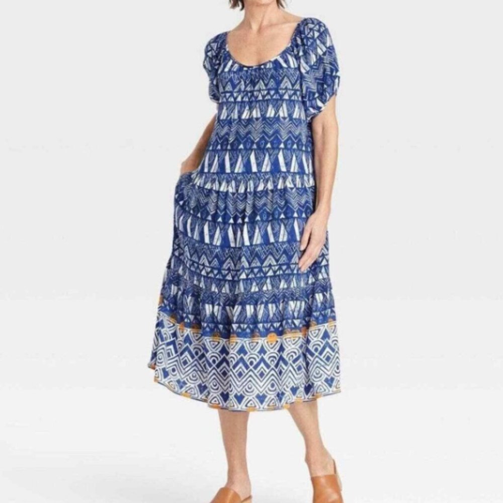 Knox Rose‎ Women's Puff Short Sleeve Tiered A-Line Dress in Blue Paisley New!